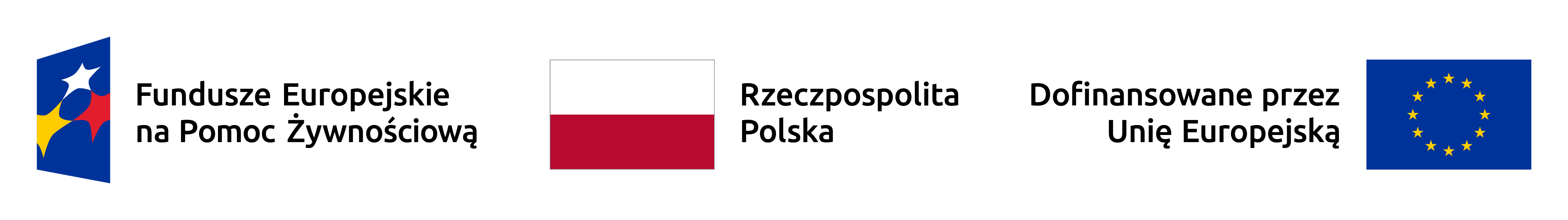 Logo Fundusze Europejskie na Pomoc Żywnościową, flaga Polski i flaga Unii Europejskiej